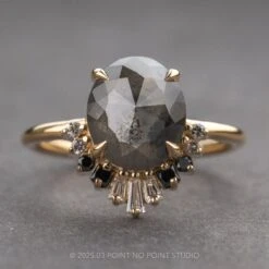 2.79 Carat Black Speckled Oval Diamond Engagement Ring, Ombre Wren Setting, 14k Yellow Gold
