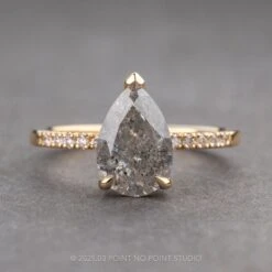 2.15 Carat Salt And Pepper Pear Diamond Engagement Ring, Sirena Setting, 14K Yellow Gold