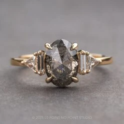 2.09 Carat Black Speckled Oval Diamond Engagement Ring, Beatrice Setting, 14k Yellow Gold