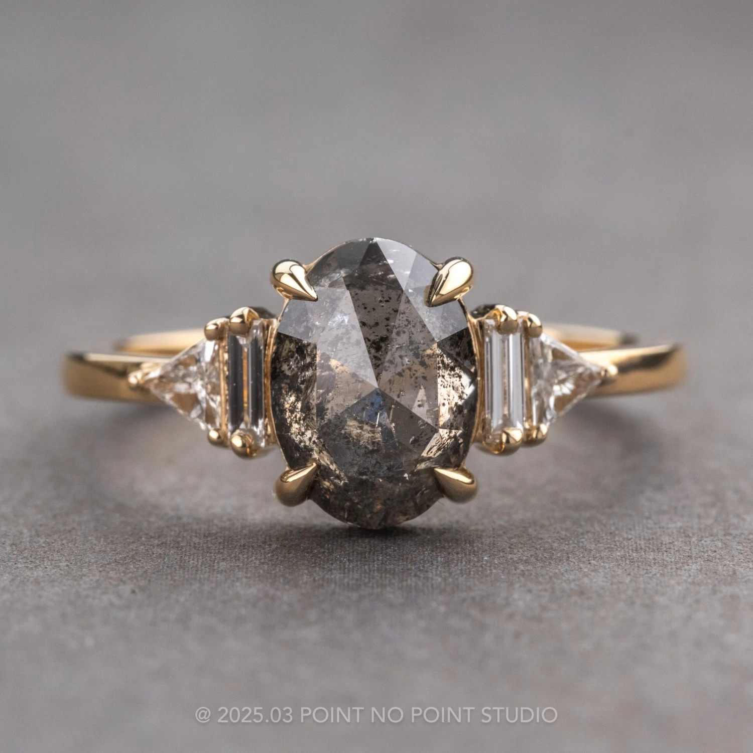 2.09 Carat Black Speckled Oval Diamond Engagement Ring, Beatrice Setting, 14k Yellow Gold 1 2.09 Carat Black Speckled Oval Diamond Engagement Ring, Beatrice Setting, 14k Yellow Gold