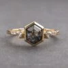 1.86 Carat Black Speckled Hexagon Diamond Engagement Ring, Bezel Eliza Setting, 14K Yellow Gold