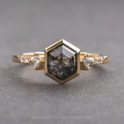 1.86 Carat Black Speckled Hexagon Diamond Engagement Ring, Bezel Eliza Setting, 14K Yellow Gold