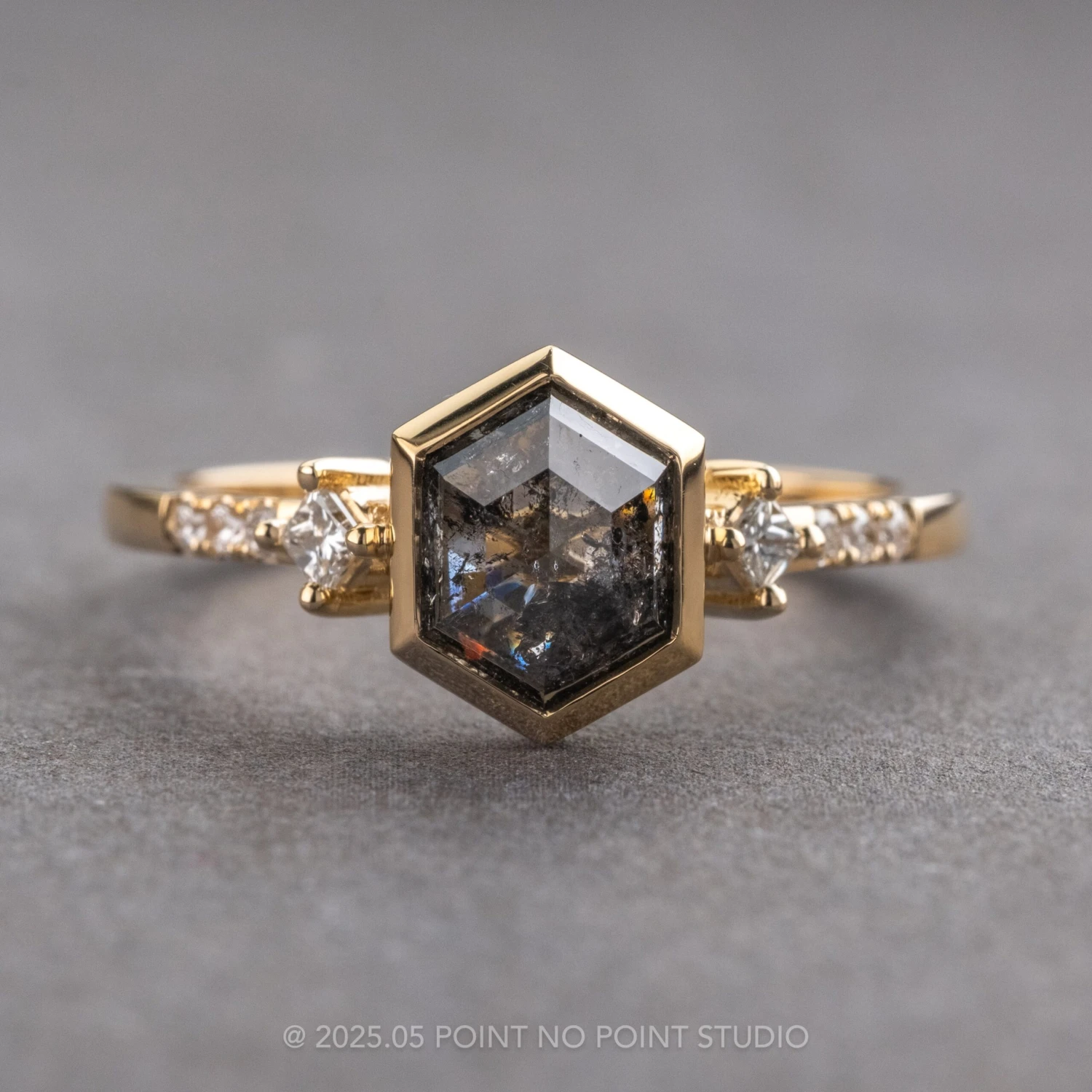 1.86 Carat Black Speckled Hexagon Diamond Engagement Ring, Bezel Eliza Setting, 14K Yellow Gold 1 1.86 Carat Black Speckled Hexagon Diamond Engagement Ring, Bezel Eliza Setting, 14K Yellow Gold