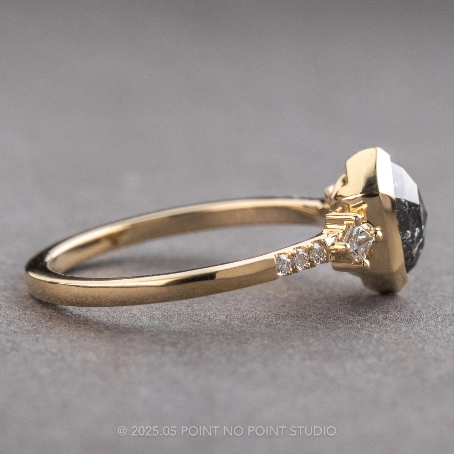 1.86 Carat Black Speckled Hexagon Diamond Engagement Ring, Bezel Eliza Setting, 14K Yellow Gold 8 1.86 Carat Black Speckled Hexagon Diamond Engagement Ring, Bezel Eliza Setting, 14K Yellow Gold - Image 8