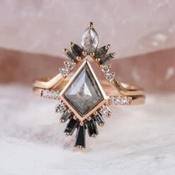 Salt And Pepper Marquise And Baguette Diamond Wedding Ring, Athena Setting, 14k Rose Gold 14 Salt And Pepper Marquise And Baguette Diamond Wedding Ring, Athena Setting, 14k Rose Gold -Point No Point Studio Store Athena