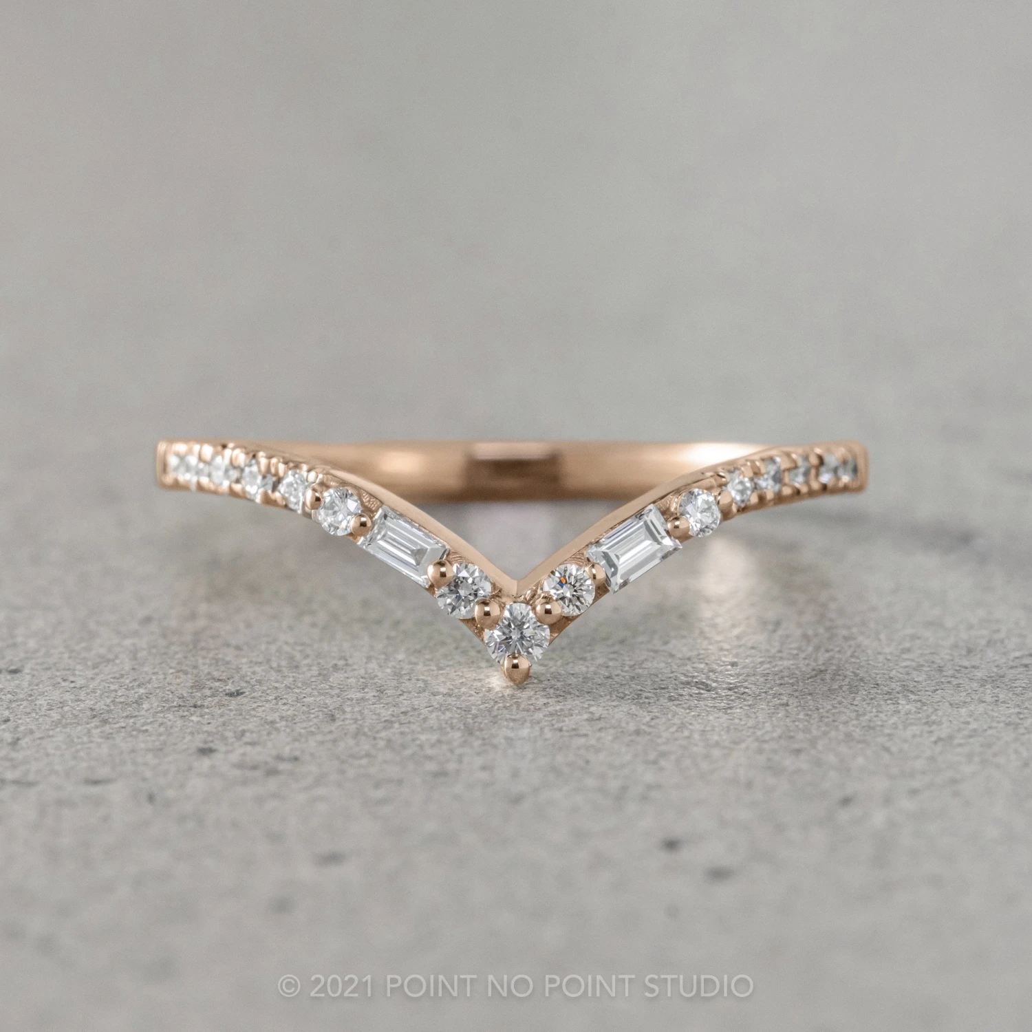Round And Baguette Diamond V Band, Extra Diamond Paloma Setting, 14K Rose Gold 1 Round And Baguette Diamond V Band, Extra Diamond Paloma Setting, 14K Rose Gold