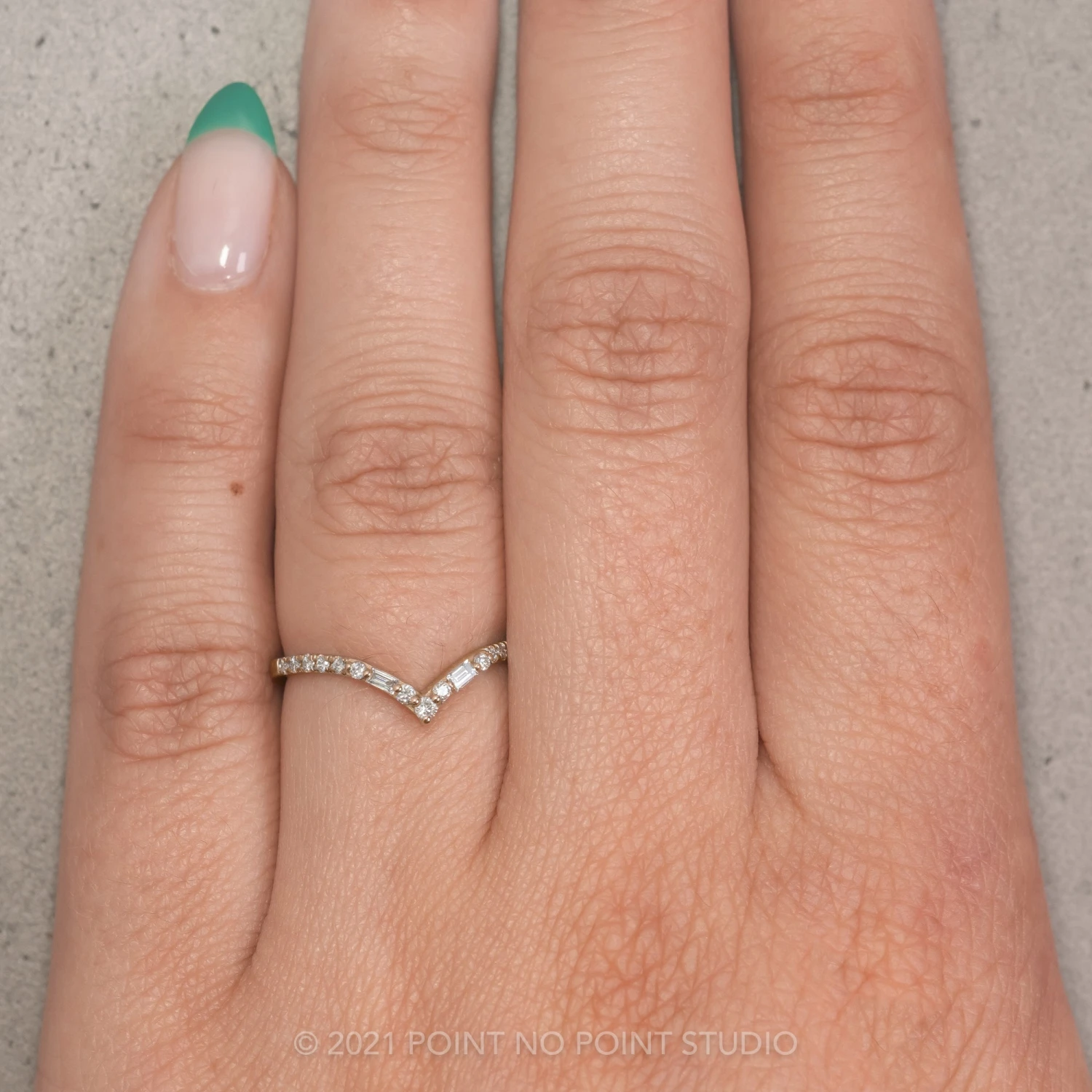 Round And Baguette Diamond V Band, Extra Diamond Paloma Setting, 14K Rose Gold 2 Round And Baguette Diamond V Band, Extra Diamond Paloma Setting, 14K Rose Gold - Image 2