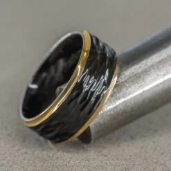 8mm Men's Black Titanium Ring With 18K Yellow Gold Plated Edges, Hammered Finish -Point No Point Studio Store BLKTITANIUM 3