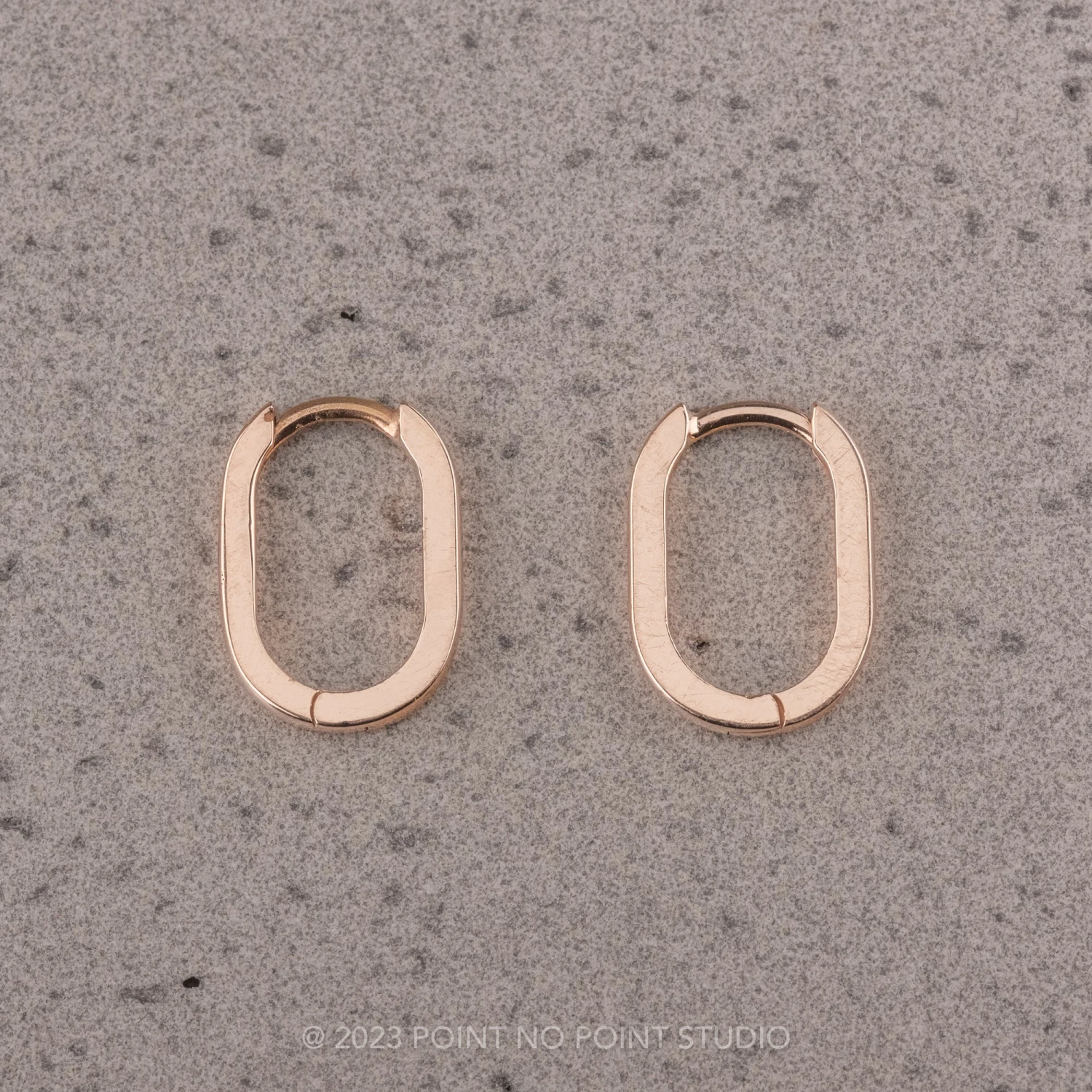 Elongated Oval Huggie Hoops, 14k Rose Gold Earrings 1 Elongated Oval Huggie Hoops, 14k Rose Gold Earrings