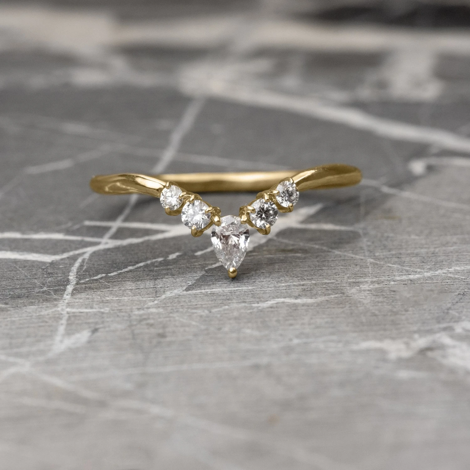 Diamond V Band, Cassiopeia Wedding Band, 14k Yellow Gold 1 Diamond V Band, Cassiopeia Wedding Band, 14k Yellow Gold