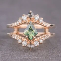 1.56 Carat Green Kite Sapphire And Diamond Engagement Ring, Empress Setting, 14K Rose Gold