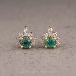 Emerald And Diamond Half-Halo Studs, 14k Yellow Gold Earrings