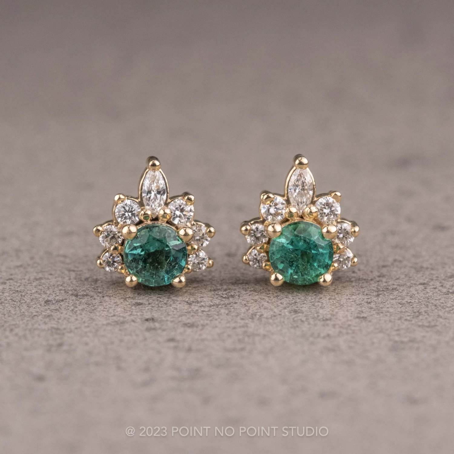 Emerald And Diamond Half-Halo Studs, 14k Yellow Gold Earrings 1 Emerald And Diamond Half-Halo Studs, 14k Yellow Gold Earrings