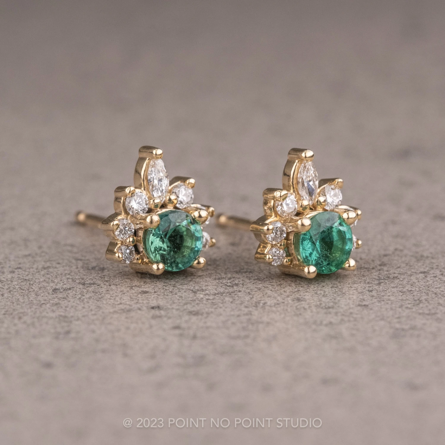 Emerald And Diamond Half-Halo Studs, 14k Yellow Gold Earrings 5 Emerald And Diamond Half-Halo Studs, 14k Yellow Gold Earrings - Image 5