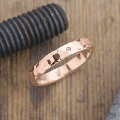 4mm 14k Rose Gold Mens Wedding Band, Hammered Polished