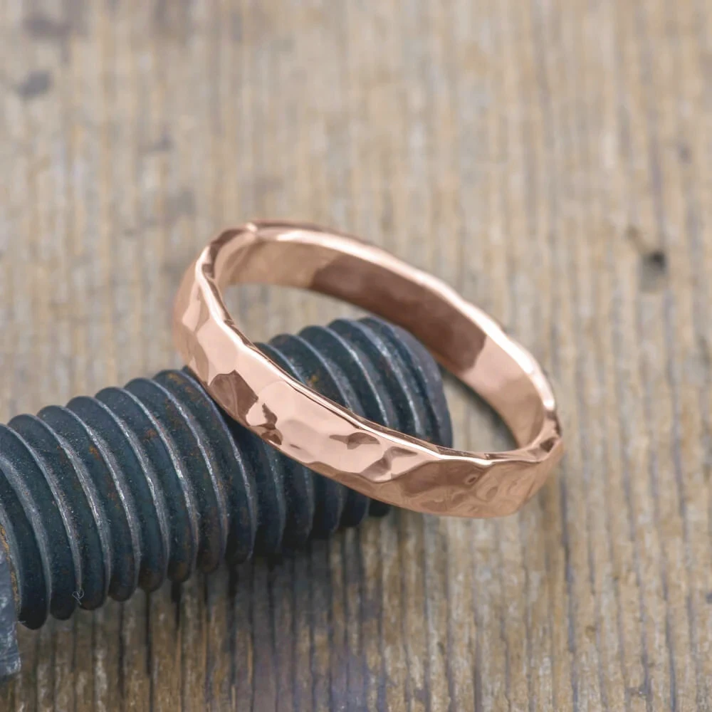 4mm 14k Rose Gold Mens Wedding Band, Hammered Polished 2 4mm 14k Rose Gold Mens Wedding Band, Hammered Polished - Image 2