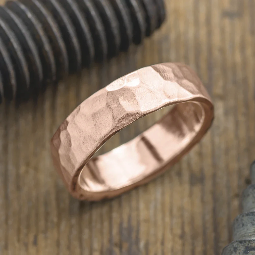 6mm Comfort Fit, 14k Peach Gold Mens Wedding Band, Hammered Matte 1 6mm Comfort Fit, 14k Peach Gold Mens Wedding Band, Hammered Matte