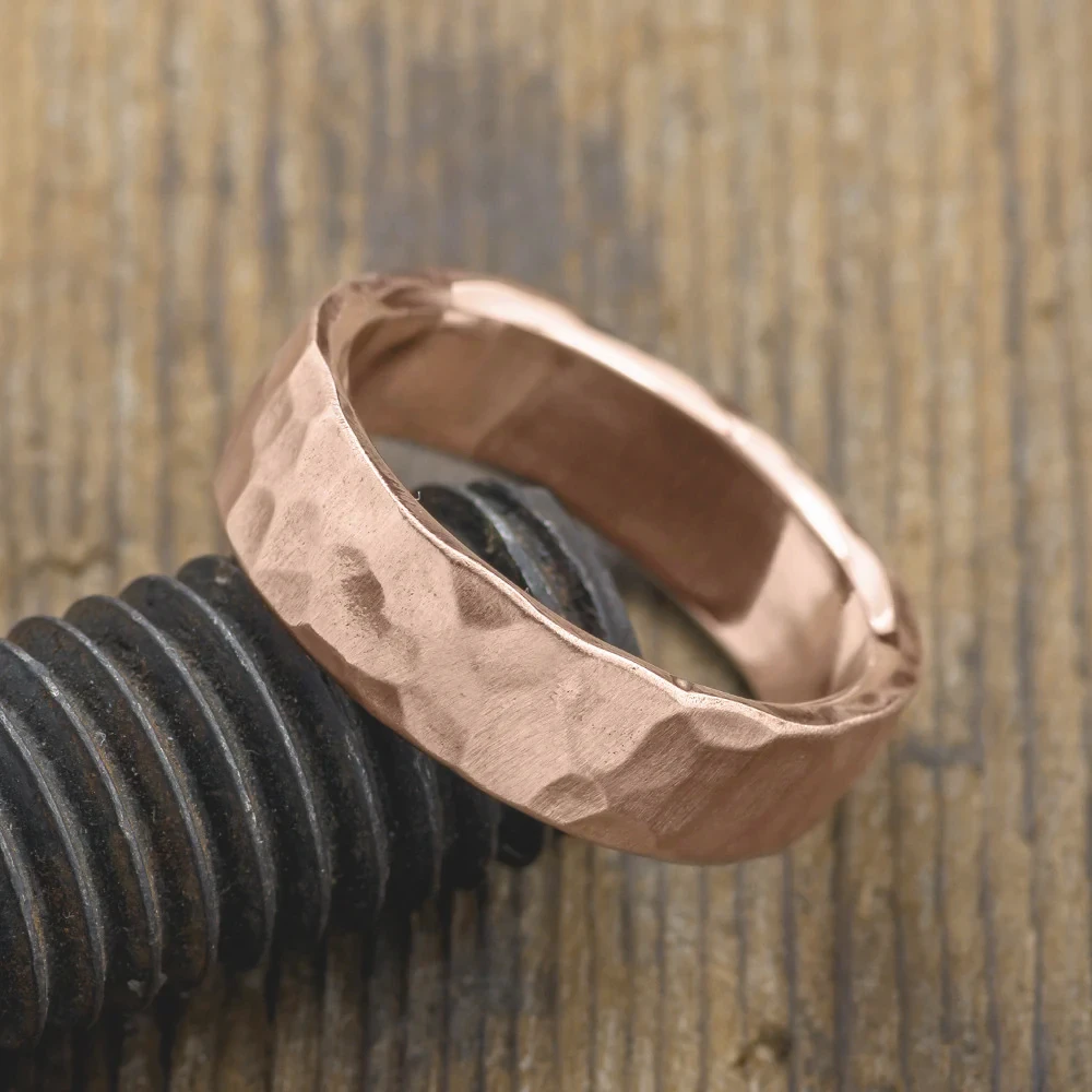 6mm Comfort Fit, 14k Peach Gold Mens Wedding Band, Hammered Matte 2 6mm Comfort Fit, 14k Peach Gold Mens Wedding Band, Hammered Matte - Image 2