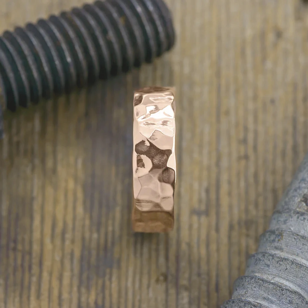 6mm 14k Peach Gold Mens Wedding Band, Hammered Polished 3 6mm 14k Peach Gold Mens Wedding Band, Hammered Polished - Image 3