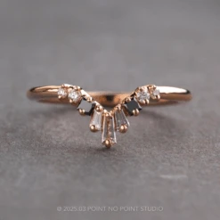 Baguette Diamond V Wedding Band, Small Ombre Wren Setting, 14K Peach Gold