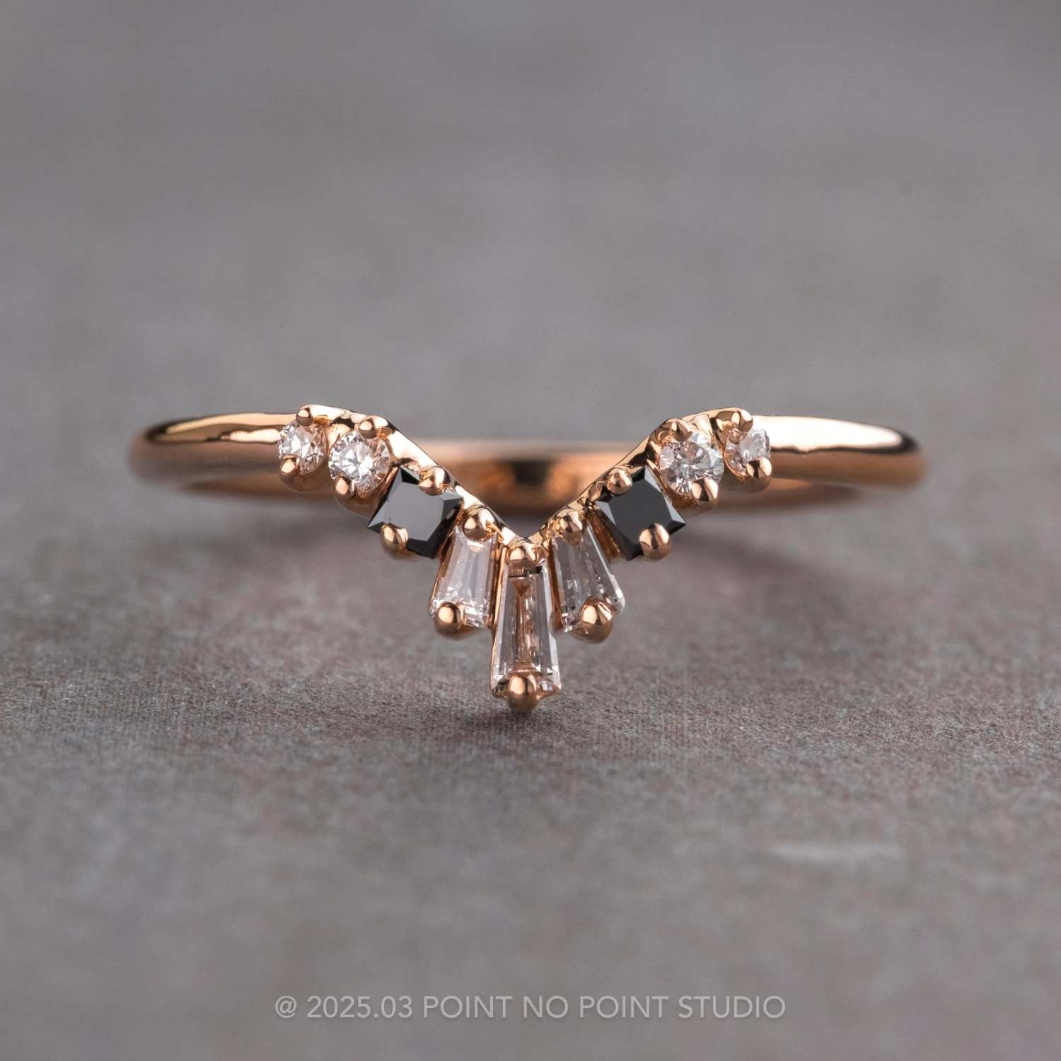 Baguette Diamond V Wedding Band, Small Ombre Wren Setting, 14K Peach Gold 1 Baguette Diamond V Wedding Band, Small Ombre Wren Setting, 14K Peach Gold