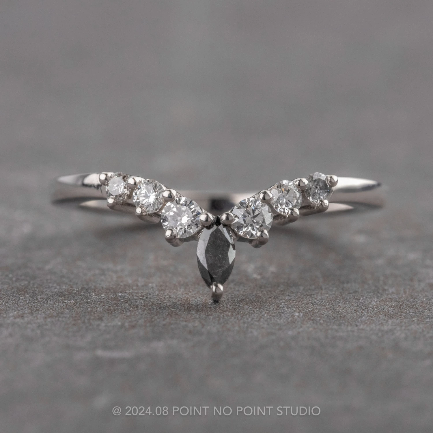 Salt And Pepper Marquise And White Diamond Wedding Band, Cassiopeia Setting, Platinum 1 Salt And Pepper Marquise And White Diamond Wedding Band, Cassiopeia Setting, Platinum