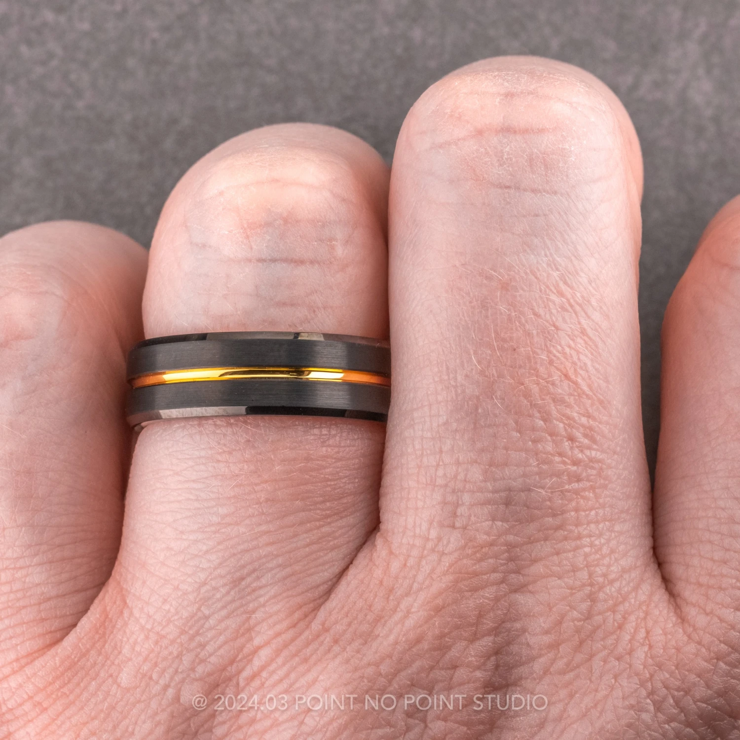 7mm Men's Tungsten Ring With 18K Yellow Gold Plating 2 7mm Men's Tungsten Ring With 18K Yellow Gold Plating - Image 2