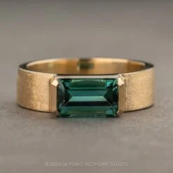 Green Emerald Shaped Tourmaline Mens Wedding Band, Cepheus Setting, 14K Yellow Gold