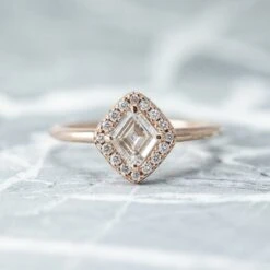 .57 Carat Clear Lozenge Diamond Engagement Ring, Halo Setting, 14K Rose Gold