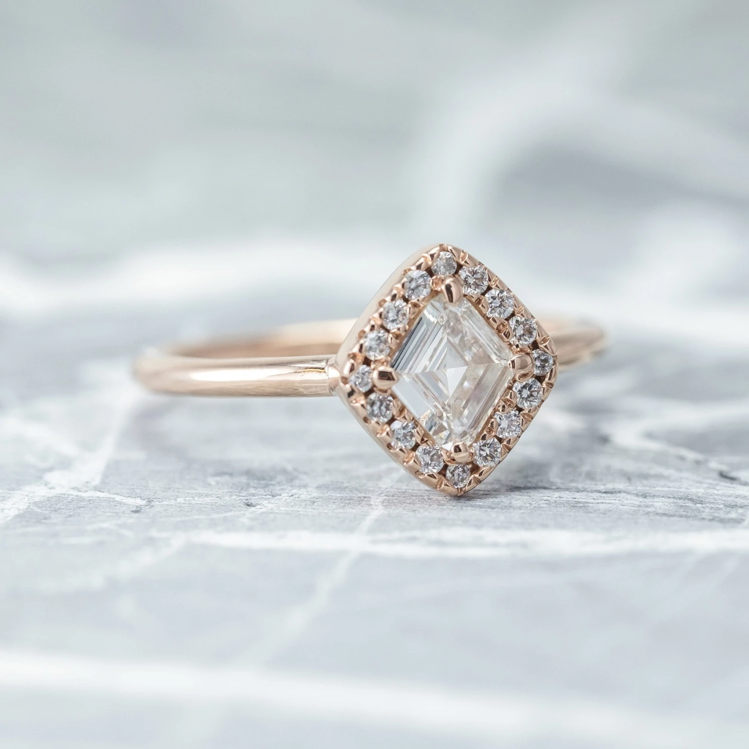 .57 Carat Clear Lozenge Diamond Engagement Ring, Halo Setting, 14K Rose Gold 2 .57 Carat Clear Lozenge Diamond Engagement Ring, Halo Setting, 14K Rose Gold - Image 2