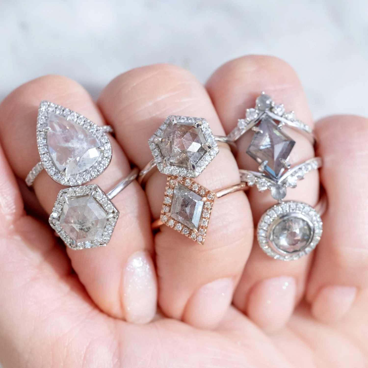 2.04 Carat Salt And Pepper Round Diamond Engagement Ring, Bezel Halo Setting, 14k White Gold 6 2.04 Carat Salt And Pepper Round Diamond Engagement Ring, Bezel Halo Setting, 14k White Gold - Image 6