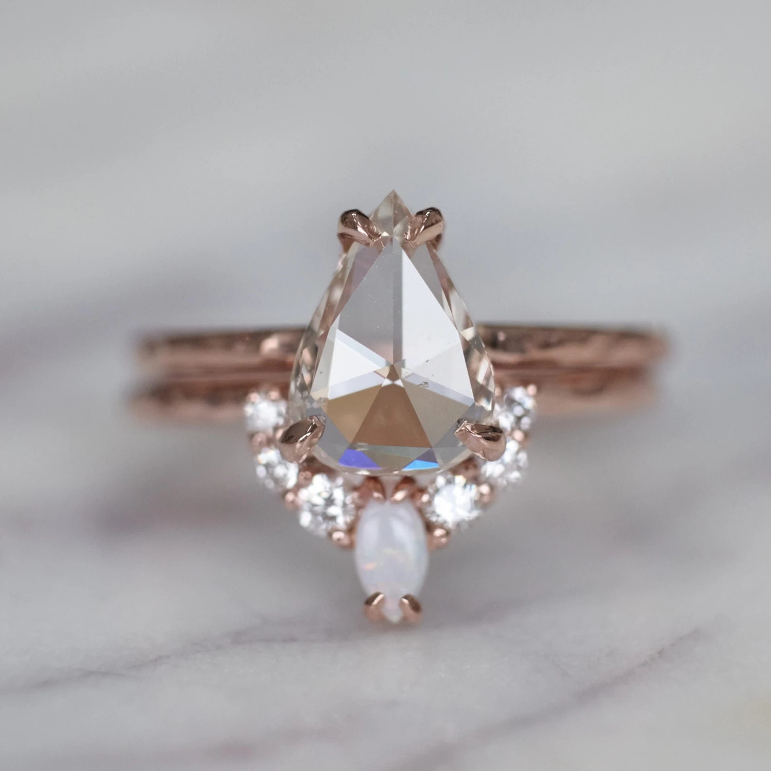 Opal And Diamond Contour Band, Gwen Setting, Hammered, 14k Rose Gold 4 Opal And Diamond Contour Band, Gwen Setting, Hammered, 14k Rose Gold - Image 4