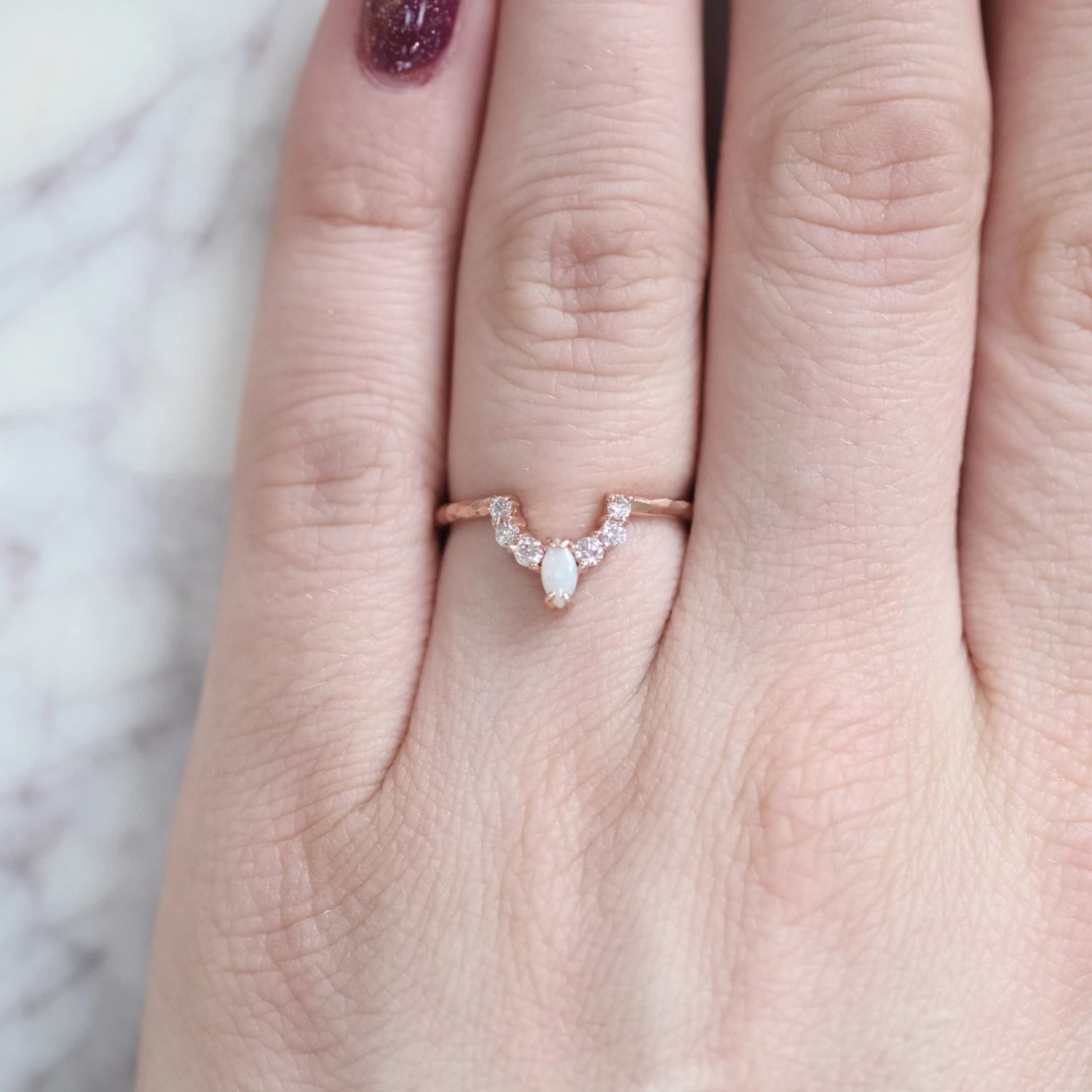 Opal And Diamond Contour Band, Gwen Setting, Hammered, 14k Rose Gold 2 Opal And Diamond Contour Band, Gwen Setting, Hammered, 14k Rose Gold - Image 2