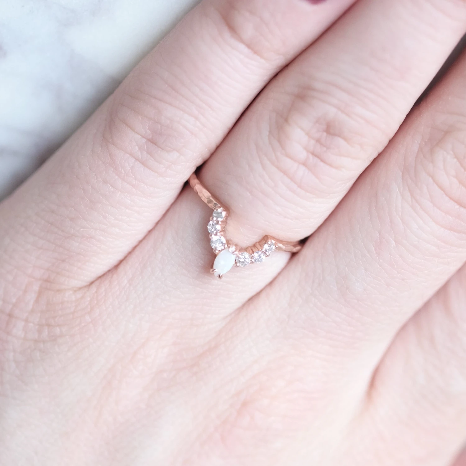 Opal And Diamond Contour Band, Gwen Setting, Hammered, 14k Rose Gold 3 Opal And Diamond Contour Band, Gwen Setting, Hammered, 14k Rose Gold - Image 3