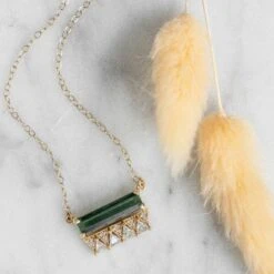 Green Tourmaline And Diamond Necklace, Recycled 14k Yellow Gold