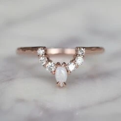 Opal And Diamond Contour Band, Gwen Setting, Hammered, 14k Rose Gold