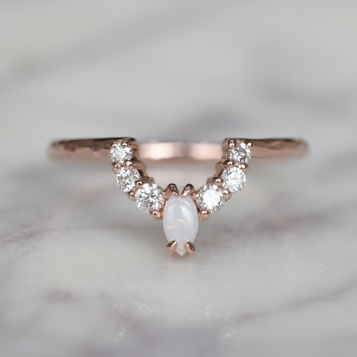 Opal And Diamond Contour Band, Gwen Setting, Hammered, 14k Rose Gold 1 Opal And Diamond Contour Band, Gwen Setting, Hammered, 14k Rose Gold