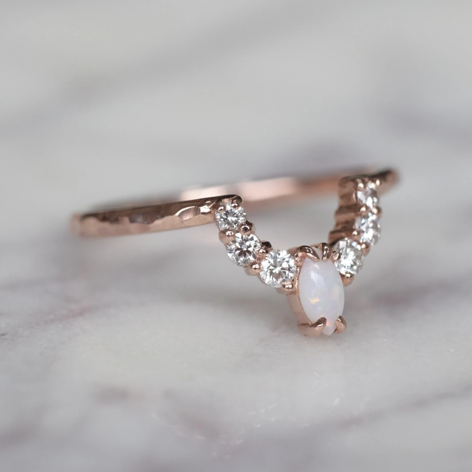 Opal And Diamond Contour Band, Gwen Setting, Hammered, 14k Rose Gold 5 Opal And Diamond Contour Band, Gwen Setting, Hammered, 14k Rose Gold - Image 5