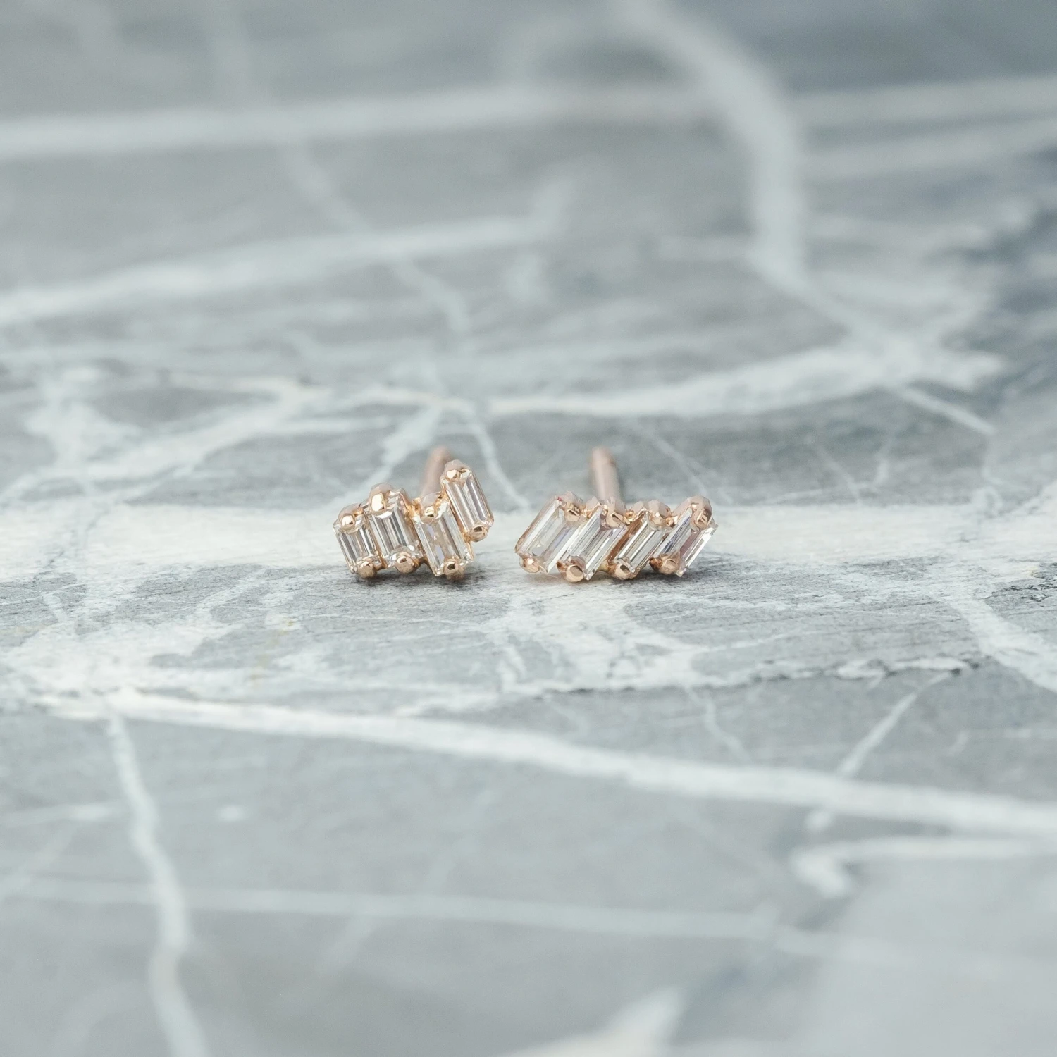 .20 Tcw Asymmetrical GHSI Baguette Diamond Studs, 14k Rose Gold Earrings 1 .20 Tcw Asymmetrical GHSI Baguette Diamond Studs, 14k Rose Gold Earrings