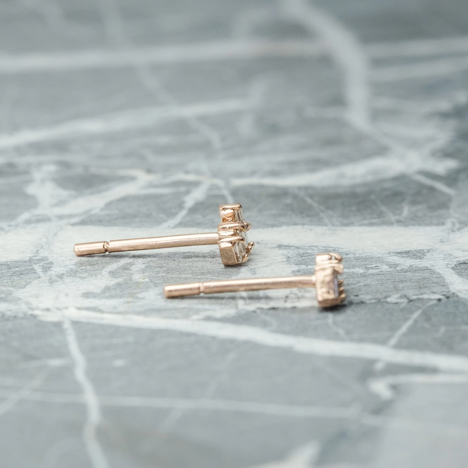 .20 Tcw Asymmetrical GHSI Baguette Diamond Studs, 14k Rose Gold Earrings 3 .20 Tcw Asymmetrical GHSI Baguette Diamond Studs, 14k Rose Gold Earrings - Image 3