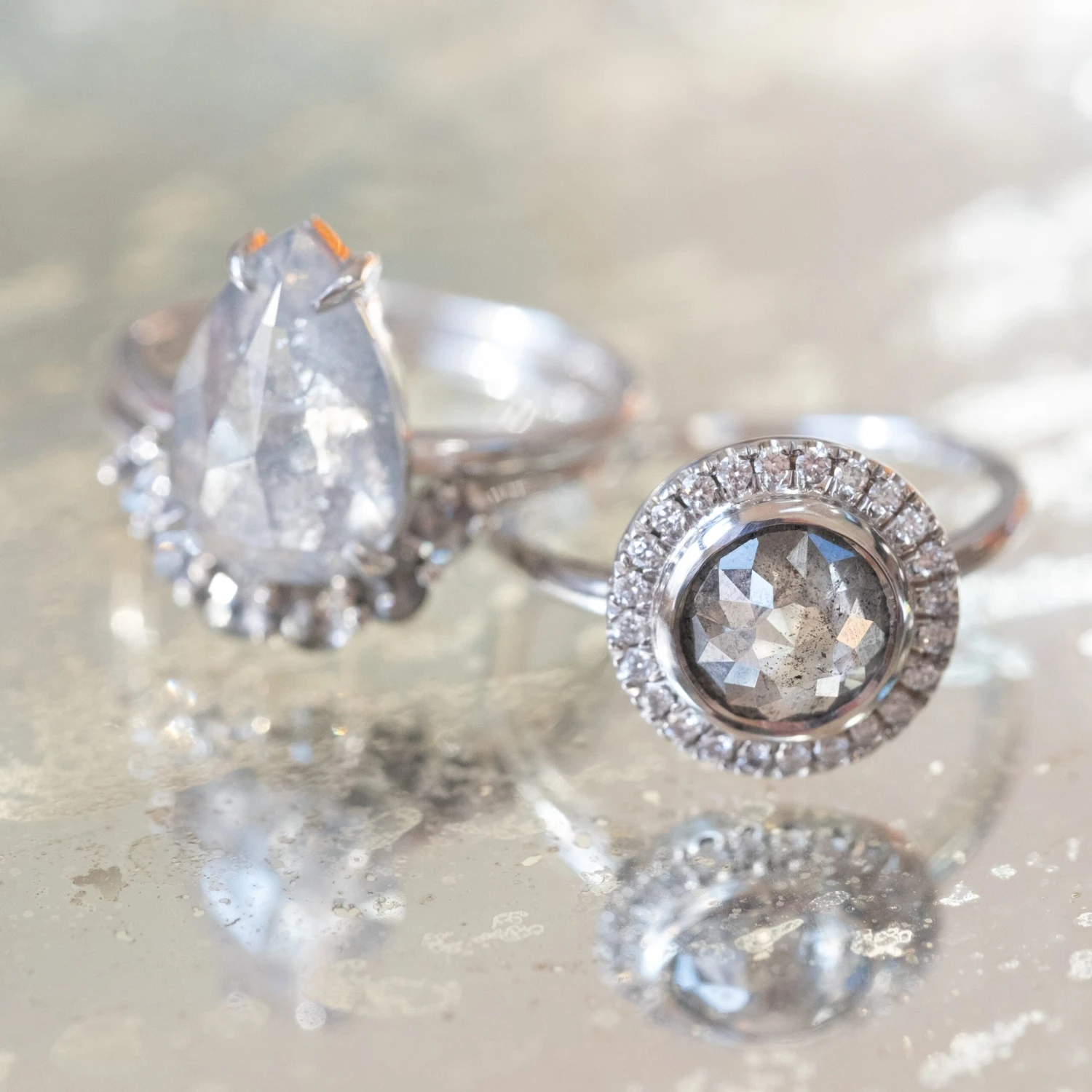 2.04 Carat Salt And Pepper Round Diamond Engagement Ring, Bezel Halo Setting, 14k White Gold 8 2.04 Carat Salt And Pepper Round Diamond Engagement Ring, Bezel Halo Setting, 14k White Gold - Image 8