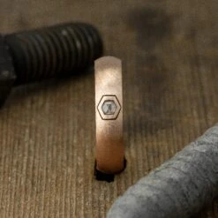 Hexagon Diamond Mens Wedding Band, Comfort Fit, 14K Rose Gold, Half Round Matte Finish