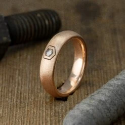 Hexagon Diamond Mens Wedding Band, Comfort Fit, 14K Rose Gold, Half Round Matte Finish -Point No Point Studio Store SFPH4466RG