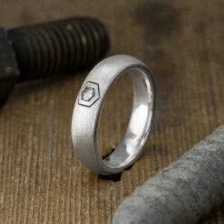 Hexagon Diamond Mens Wedding Band, Comfort Fit, 14K White Gold, Half Round Matte Finish -Point No Point Studio Store SFPH4466WG