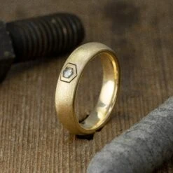 Hexagon Diamond Mens Wedding Band, Comfort Fit, 14K Yellow Gold, Half Round Matte Finish -Point No Point Studio Store SFPH4466YG