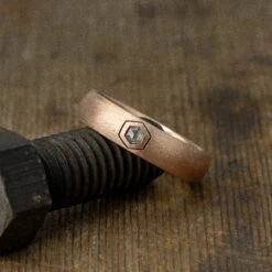 Hexagon Diamond Mens Wedding Band, Comfort Fit, 14K Rose Gold, Half Round Matte Finish -Point No Point Studio Store SFPH4467RG