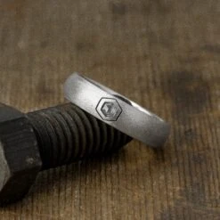 Hexagon Diamond Mens Wedding Band, Comfort Fit, 14K White Gold, Half Round Matte Finish -Point No Point Studio Store SFPH4467WG