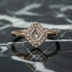 .57 Carat Clear Lozenge Diamond Engagement Ring, Halo Setting, 14K Rose Gold 7 .57 Carat Clear Lozenge Diamond Engagement Ring, Halo Setting, 14K Rose Gold -Point No Point Studio Store SFPH9608