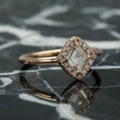 .57 Carat Clear Lozenge Diamond Engagement Ring, Halo Setting, 14K Rose Gold 8 .57 Carat Clear Lozenge Diamond Engagement Ring, Halo Setting, 14K Rose Gold -Point No Point Studio Store SFPH9609