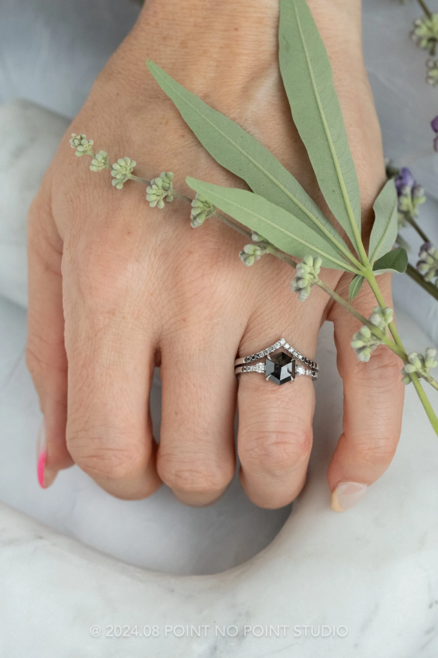 1.40 Carat Black Speckled Hexagon Diamond Engagement Ring, Ombre Eliza Setting, Platinum 2 1.40 Carat Black Speckled Hexagon Diamond Engagement Ring, Ombre Eliza Setting, Platinum - Image 2